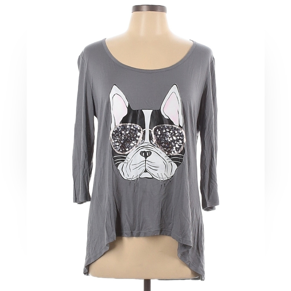 New York & Company Gray and Black French Bulldog Graphic Top